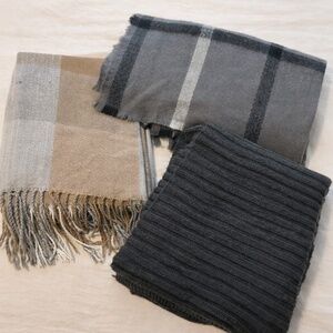 3-Piece Neutral Knit Scarf Lot | Plaid, Striped & Ribbed Knit
